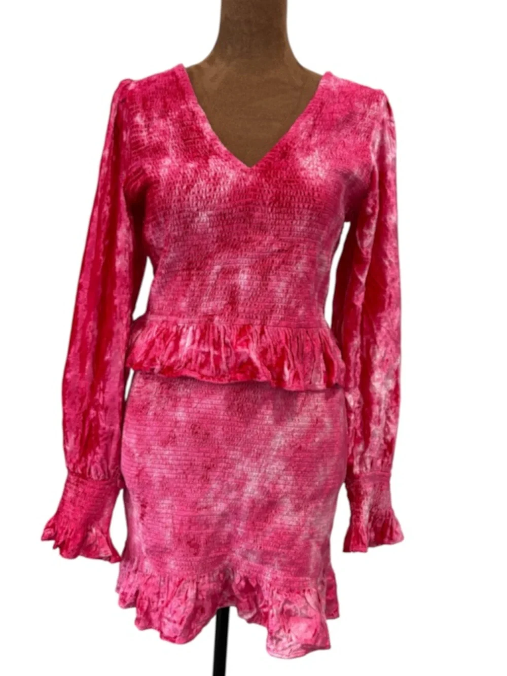 LoveShackFancy Evan Pink Grenadine Crushed Velvet Smocked Mini Dress Size M NWOT